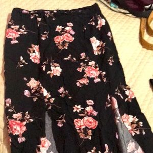 High waist pink floral print maxi skirt with slits